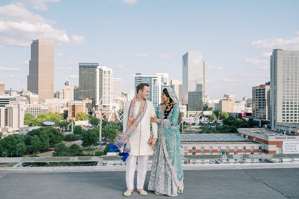 Ventanas Rooftop picture of bride and groom on the helipad.
