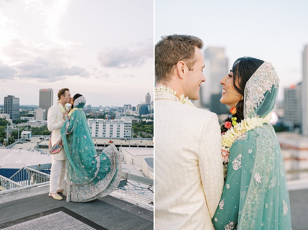 Bride and groom pictures on Ventanas Helipad Rooftop in Atlanta at sunset.
